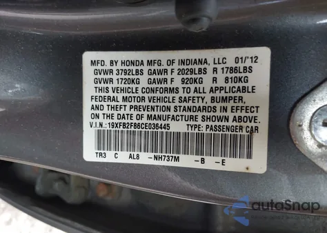 2012 Honda Civic Ex from USA, damaged, VIN 19XFB2F86CE036445